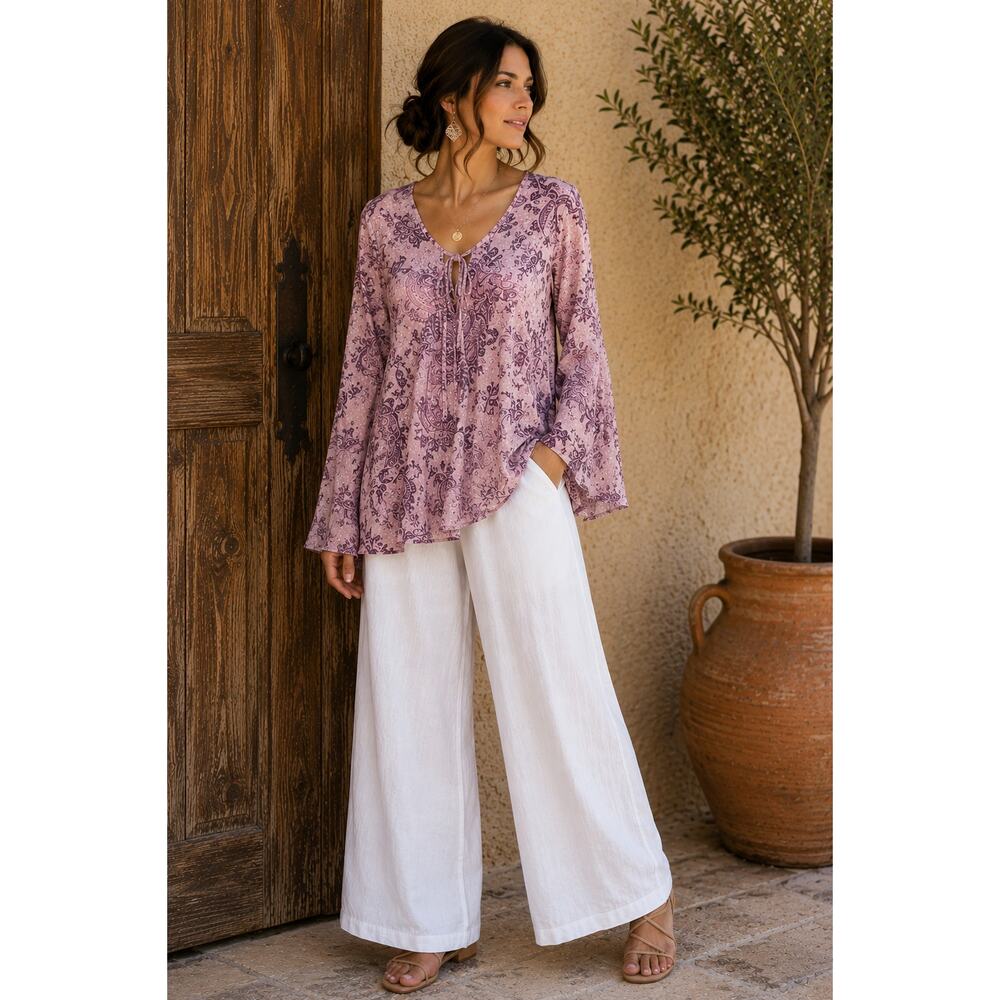 Vintage Y2K Silk Feminine Paisley Bell Sleeve Blouse Top XL Pink Purple Boho